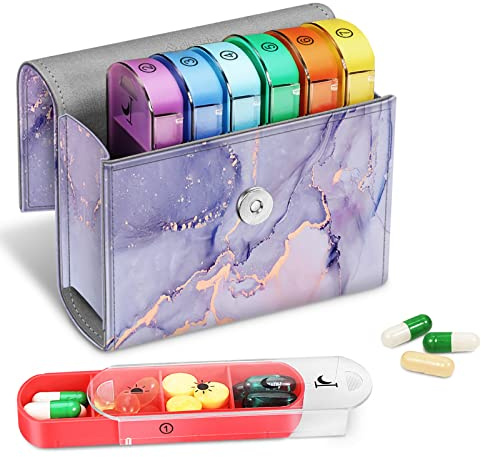FINPAC Pastillero Semanal 4 Tomas 7 Días, 28 Compartimentos Organizador Medicamentos con Estuche de Cuero PU y Nombre de Tarjeta, Vitamina Caja de Almacenamiento para Viaje, (Z-Liac Marble)