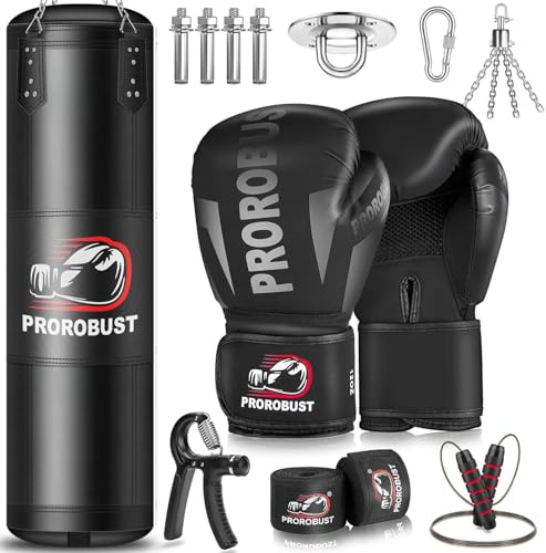 Prorobust Sac de Frappe Oxford, 120 cm Lourd pour Adultes avec Gants de 12 oz pour MMA, Kickboxing, karaté, entraînement à Domicile (Non rempli), Noir, 120 cm