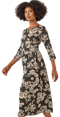 Roman Originals Midi Dress with Pockets for Women UK Ladies Stretchy Jersey Maxi Long 3/4 Length Sleeve Gathered High Waist Boho Flattering Skater Swing Fit Flare - Black Taupe - Size 16