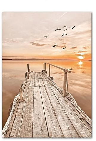 ABCWARRT Arte Moderno Otoño Puente Pintura Al óleo Apilado Carteles con Vistas Al Mar Atardecer Animales Pastizales Tigre Y León Mapa Decoración Hotel En Casa (50 * 70cm Sin Marco,1)