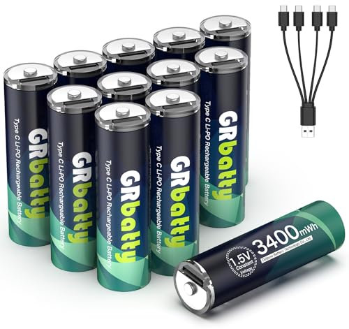 GRbatty Pilas Recargables AA 1,5 V USB 3400mWh Batería de Litio Alta Capacidad con USB con 4 en 1 USB Tipo C Cable, más de 1500 ciclos,Paquete de 12