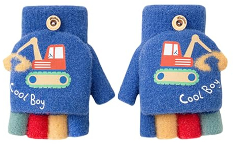 Kinder Winter Strickhandschuhe, Herbst und Winter Baby Cartoon Warme Handschuhe mit Flip Top, Convertible Handschuhe Fingerlose Fäustling für Jungen Mädchen (Navy)
