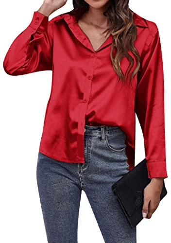 OMZIN Mujeres Camisa Satén Manga Larga Botón Camisa Casual Suelta Elegante Top Rojo XL
