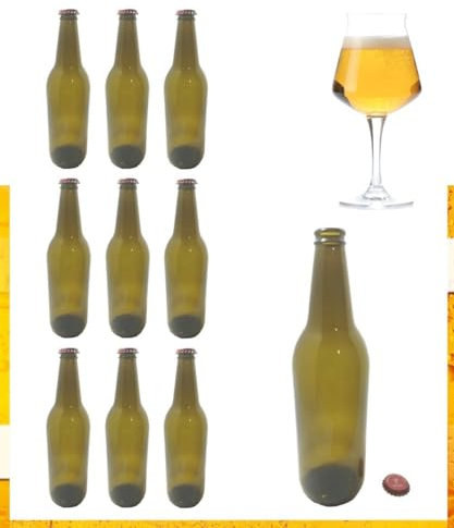 Buyglass Set di 10 Bottiglie di Vetro per Birra Artigianale, 600ml, Ambrate con Tappo a Corona, Riutilizzabili