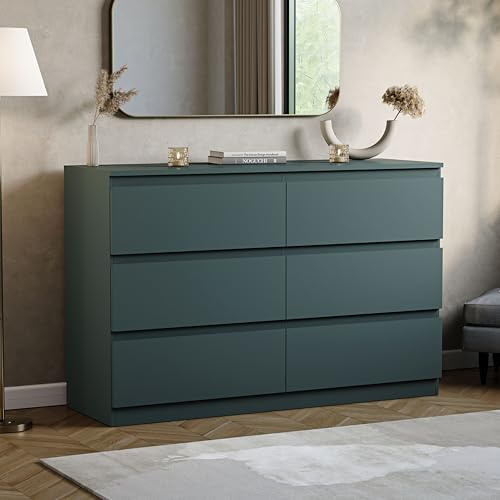 Vida Designs 6 Drawer Chest of Drawers | Jasper Green | Space-Saving Storage | 74H x 120W x 40D cm | Smooth Metal Runner | Engineered Wood | Modern Bedroom Chest of Drawers Unit