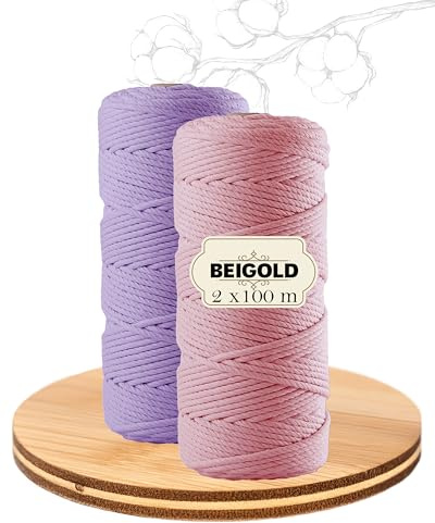 BEIGOLD® Premium makramégarn, set om 2, rosa + lila (3 mm x 100 m) för vackert naturligt utseende. Bomullsgarn för makramé konst gör-det-själv-hantverk