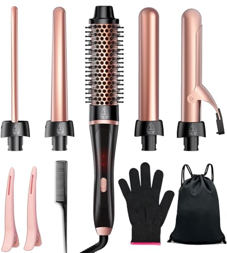 5 in 1 Curling Iron, Hair Curling Wand Set with Thermal Brush and 4 Interchangeable Ceramic Curling Wands (0.35'' -1.25'') Fast Heat Up Dual Voltage Hair Curler for Women All Hair Types and Travel Use