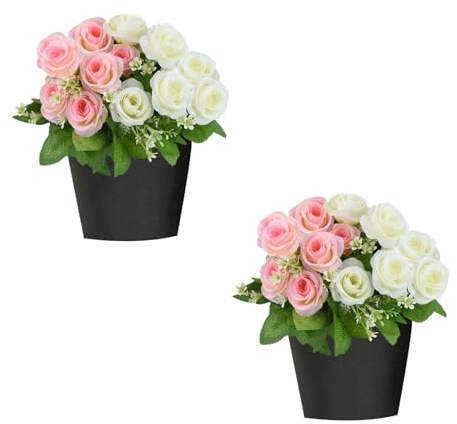 2 Pezzi Fiori Finti per Cimitero, Rosa Artificiali di Vaso, Piante Finte di Seta per Lapidi, Commemorativi Floreale per Tomba, Fiore di Decorazione per Esterni Commemorativo, Funebri Decorazioni