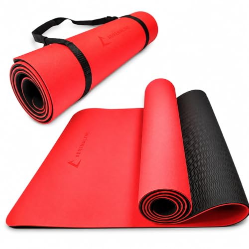 ADRENALINE Tappetino per Yoga, Pilates e Fitness in TPE, Antiscivolo, Rosso e Nero, 183 x 61 x 1 cm, con Cinghia di Trasporto