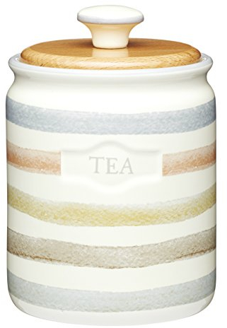 KitchenCraft Classic Collection Gestreifte Keramik Teedose als Vorratsdose - Füllmenge 800 ml - Creme - Teebox - Teebehälter