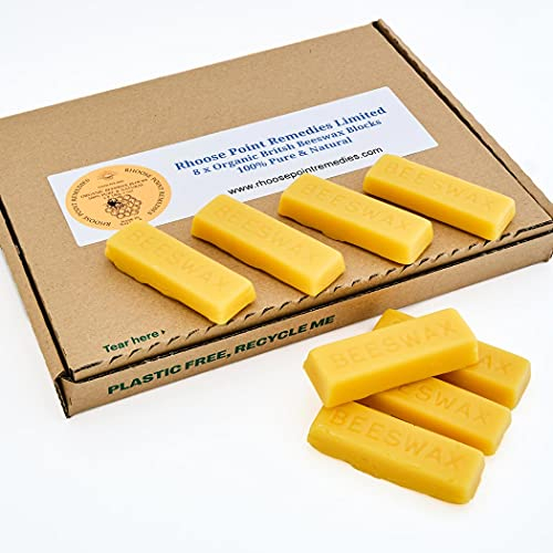 Pure British Beeswax Blocks 100% Natural Organic Bees Wax 180g – Triple Filtered for Making Your own Candles, Leather Polish, Wood Polish, Wax Melts, lotions, balms, Creams & Body Butters (8 Blocks)