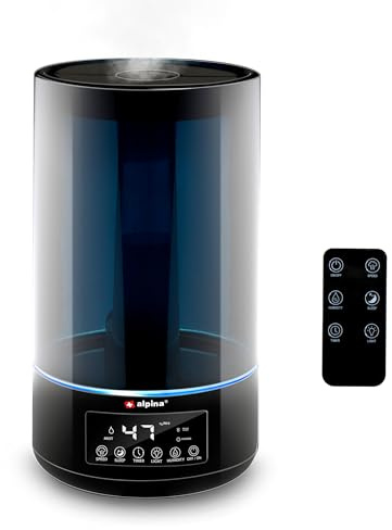 alpina Humidificateur d'Air Chambre - 4.3L - Humidificateur Ultrasonic Mist - Humidificateur Plantes d'intérieur - Diffuseur avec Timer - Aromathérapie - Veilleuse - Télécommande - Noir