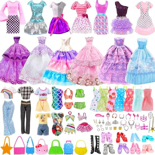 56Pcs Doll Clothes Outfit, Doll Accessories Mini Dress Party Dress Bikini Set Tops Pants Handbags Shoes Jewelry Accessories Random Stlye for 11.5 inch Girl Doll