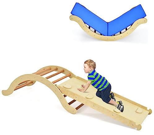 DREAMADE 3-in-1 Klettergerüst Indoor mit umkehrbarer Rampe zum Klettern & Rutschen, Kletterbogen mit Rutsche und weicher Matte, Klettergerät, Kletterdreieck für Kinderzimmer (Natur)