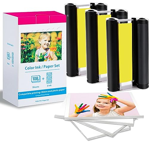 KP-108IN 3115B001(AA) CP1300 CP1500 CP1000 Fotopapier Kompatibel mit Canon Selphy Fotodrucker Fotopapier, Ersatz für Canon Selphy KP-108IN Fotopapier, 108 Fotopapier (100 x 148mm) + 3 Kartusche