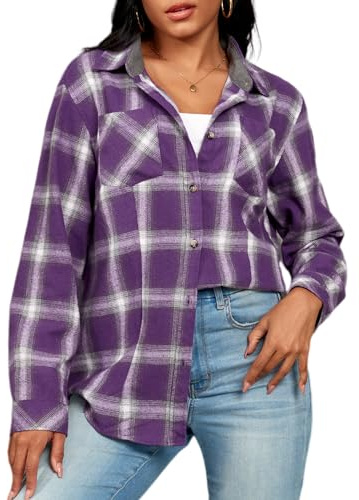 Deer Lady Camicie in flanella scozzese da donna camicie a quadri di bufalo oversize a maniche lunghe casual con bottoni, Viola e bianco., M