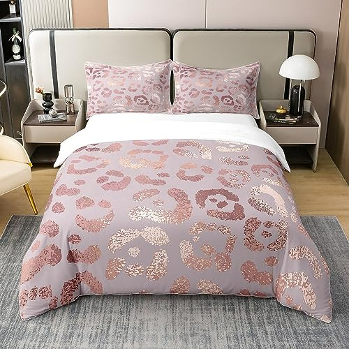 Homewish Cotton Cheetah Print Duvet Cover,Rose Gold Colored Leopard Print Bedding Set,Luxury Pink Sequin Comforter Cover,Safari Animal Quilt Cover with 2 Pillow Cases King