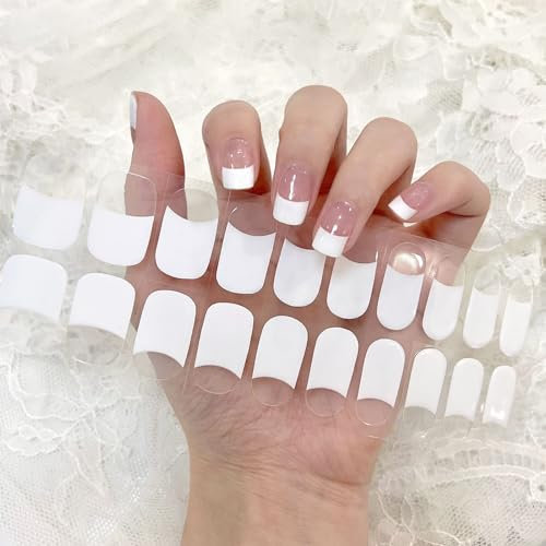 22PCS Semi Cured Gel Nail Strips, Self-Adhesive Full Wrap Nail Polish Stickers Salon-Quality Natural Gel Nail Stickers, French White Tip Manicure Nail Wraps Nail Art Decals UV/LED Lamp Required
