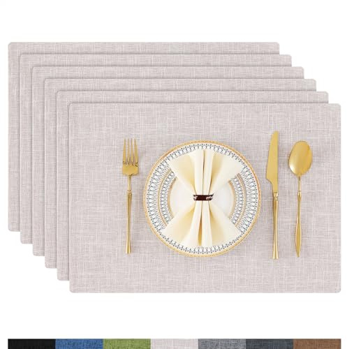 Homaxy Tvättbara set med 6 bordstabletter, avtorkbart linne, värmebeständiga, bordstabletter, halkfria, dubbelsidiga bordstabletter, tyg, beige
