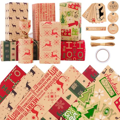 Zindoo Papier Cadeau Noël - Etiqueter x10 et Ficelle x20M - Papier Kraft Recyclable - Emballage Cadeau pour Enfant, Bébé, Fille, Garçon, Femme, Homme
