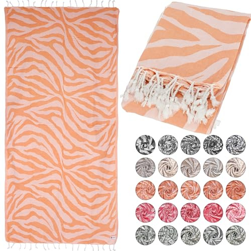 Lukkum® Oeko-TEX® - Serviette de plage, de sauna, de hammam - Grande serviette en coton - Motif zèbre - Sarong, couleur saumon (pêche Fuzz, 185 x 90'