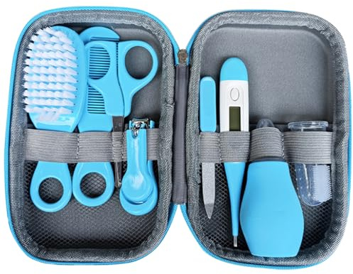 Baby Grooming Kit, 8st Baby Healthcare and Grooming Kit, Safe Baby Nail Kit Hair Thermometer Set Newborn Nursery Essential With Storage Case Blue | Nagelklippare
