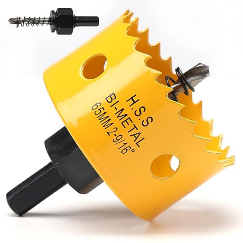 Scie cloche, bi-métal scie cloche bois avec adaptateur hexagonal et embout central, HSS M42 scie cloche pour fer, aluminium, bois, plaques de plâtre (Jaune, 65mm)