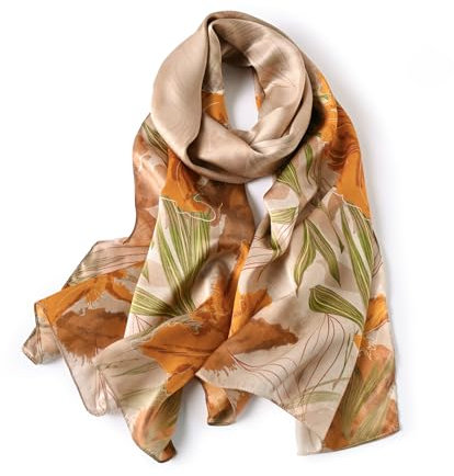 STORY OF SHANGHAI Seidenschal Damen 100% Seide, Natur Silk Scarf for Women, Luxuriöse Seidentuch Halstuch, Stola Als Geschenk, Warm Leicht und Weich, Mit Motiv 53 * 170 cm,Hell Gelb Blumen