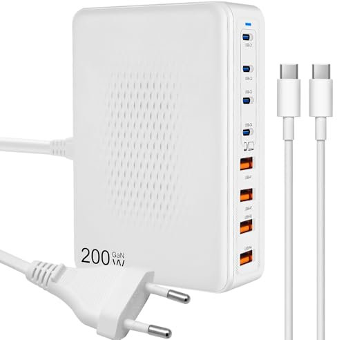 200W Cargador USB C Multiple, GAN III 8-Port USB C Cargador, 65W PD QC Carga Rapida Portátil Adaptador para MacBook, iPhone,Samsung, iPad, SteamDeck, Laptop, Smartphones