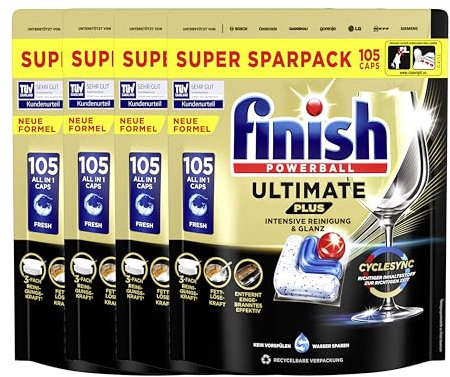 Finish Ultimate Plus Spülmaschinentabs – Geschirrspültabs für intensive Reinigung, Fettlösekraft und Glanz mit Schutzschild – 420 Finish Caps (4x105 Caps)