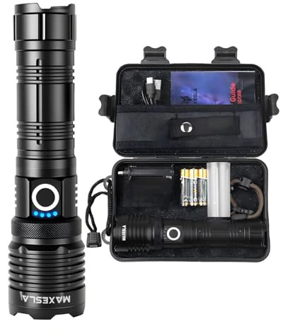Maxesla Led Torch,Torches Led Super Bright,5 Modes,Adjustable Focus Flashlight,IP65 Waterproof, for Camping,Hiking, Power Cuts,Emergency