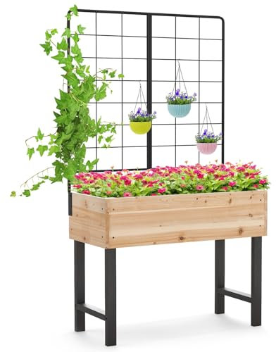 COSTWAY Jardinière Surélevée avec Treillis Métallique, Bac à Plantes Élevé en Bois avec Pieds pour Plante Grimpante Vigne Fleur Herbe Légume Fruit, pour Plante Grimpante Vigne