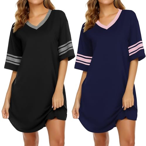 Ekouaer 2 Pack Womens Nighties Oversized Short Sleeve V Neck Nightdresses | soft lounge nightgown, knee-length nighshirt, plus size nighty, breathable fabric, contrast trim, curved hem