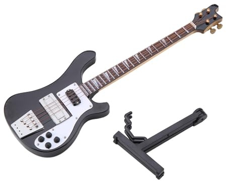 Bonbela Basse Miniature Guitare Modèle Mini Réplique de Basse électrique à Petite échelle Guitare avec Stand et Casse en Bois pour Musiciens Enfants d'anniversaire de Noël