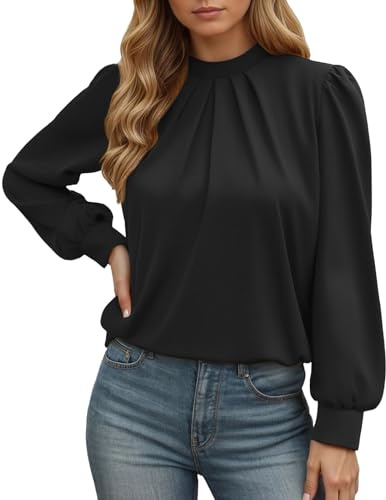 Blusa para mujer con cuello alto y mangas abullonadas, parte superior de manga larga con detalles fruncidos, elegante camiseta para la oficina y el día a día, Style_c02 Negro, XL