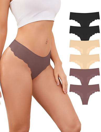 Becotal Lot de 6 strings sans coutures avec bord ondulé pour femme Sous-vêtements invisibles sexy respirant et doux Taille S à XXL, 2 x noir, 2 x couleur chair, 2 x marron, M