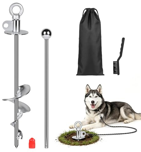 SWAWIS Plata Estaca de Amarre para Perros 38cm con Anillo Giratorio 360° | Sin Enredos, para Perros de Hasta 100kg, con Cepillo de Limpieza y Palanca, para Perros para Patio