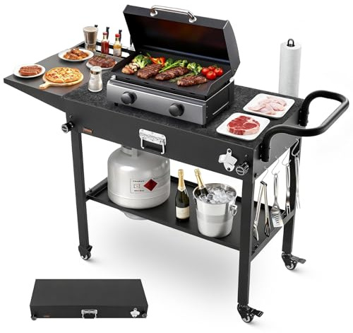 VEVOR Carrello per Griglia da Esterno Tavolo da Griglia da 787 x 432 mm Pieghevole per Esterni con Porta Fazzoletti, Ganci, Ruote, Tavolino Laterale, Tavoli per la Preparazione del Barbecue