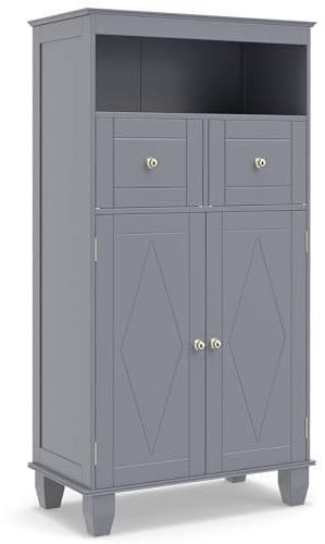 COSTWAY Bathroom Floor Cabinet, 108cm Freestanding Storage Cupboard with 2 Doors, 2 Drawers and Open/Adjustable Shelves, Solid Wood Legs Bathroom Unit Cabinet Sideboard for Living Room Kitchen (Grey)