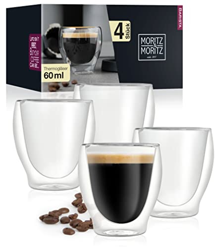 Moritz & Moritz Barista Milano 4 x 60 ml Espressogläser Doppelwandig - Espresso Tassen Set aus Glas für Heiß- und Kaltgetränke - Spülmaschinengeeignet