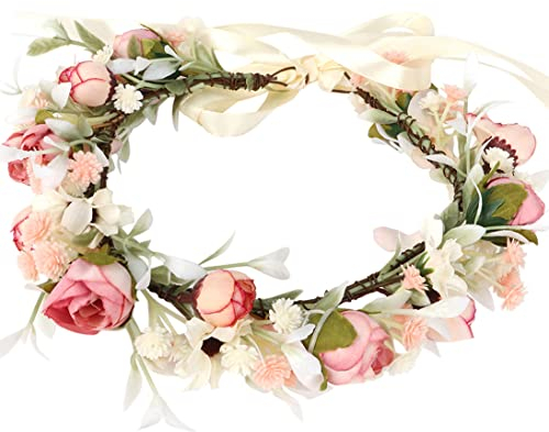 HuaLiSiJi Blumenkrone Haarkranz Boho Blumenkranz Rose Floral, Schön Gearbeitet der Blumenkrone, Individuell Einstellbar Durch Ein Band (Rosa)