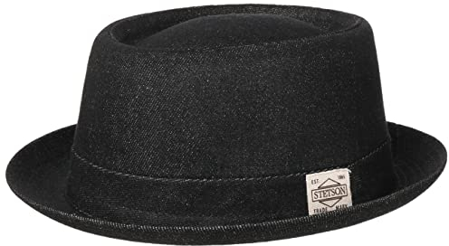 Stetson Classic Pork Pie Denim Hut - Einfarbiger Hut - Rund & flach - Mehrfarbig mit Logo - Made in Italy - Ganzjährig tragbar schwarz XL (60-61 cm)