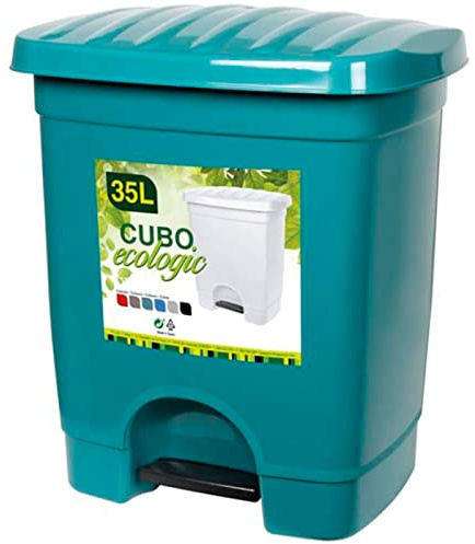 Acan Tradineur - Cubo de basura con pedal y 1 compartimento, plástico, contenedor de residuos, papelera, cocina, fabricado en España (Verde oscuro, 35 litros, 45 x 39 x 31 cm)