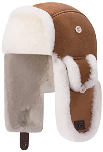 Harssidanzar Cappello da aviatore in pelle per uomo e donna Cappello invernale in pelle di agnello Shearling Cappello da trapper con copriorecchie CU603EU, Cammello, taglia M