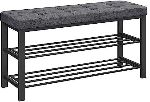 SONGMICS Shoe Bench, Storage Bench, Entryway Bench with Cushion, Shoe Shelf with Seat, Space-Saving, Modern Style, for Living Room, Bedroom, Hallway, Dark Gray and Ink Black ULBS579B33