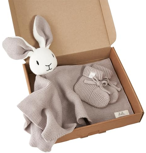 Livella Kuscheltuch „Hase“ mit Söckchen - Reine Bio-Baumwolle – Premium Schmusetuch, Kuscheldecke, Schmusedecke, Strickdecke - Samtweich & atmungsaktiv - Oeko-TEX® Standard 100 und GOTS Zertifiziert