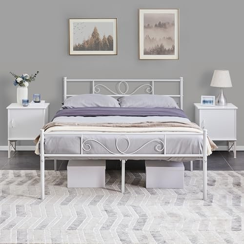Yaheetech Struttura Letto Matrimoniale in Ferro Battuto a Doghe 160 x 200 cm Testiera Elegante in Metallo Stile Rustico Moderno Bianco