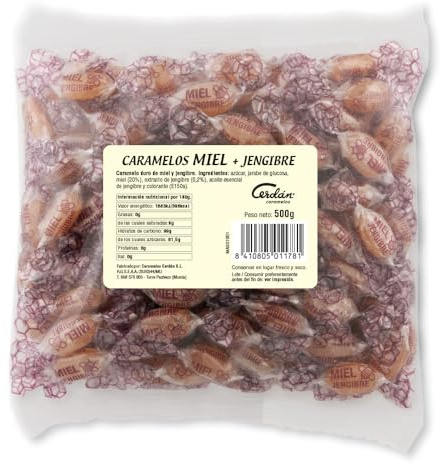 Caramelos Cerdán - Caramelo con 20% de Miel Pura y Jengibre | Caramelo Duro Sin Gluten ni Alérgenos ni Conservantes ni Aromas ni Colorantes Artificiales | Bolsa de 150 Unidades - Medio Kilo