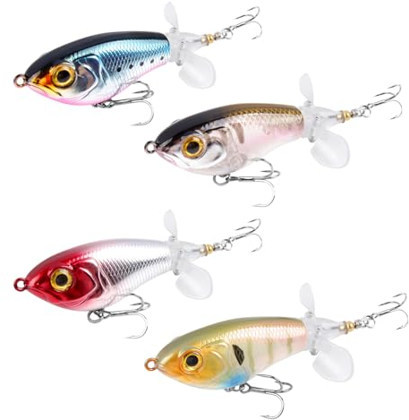 RYACO Topwater Angelköder, Schwimmende Köder für Süßwasser/Salzwasser, Barschköder mit BKK-Haken, Drehbarer Schwanz, Top Water Angeln Wobble Oberfläche Bass Köder für Barsch, Wels, 4 Stück