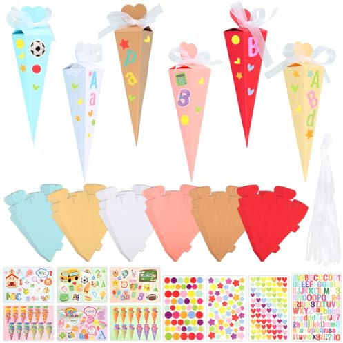 GHVACZS 36 Stück Geschwistertüten, 6 Farben 17cm Schultüte Klein, Geschwister Schultüte Set mit Band und Aufklebern, Kleine Schultüte für die Einschulung und Partys der Kinder